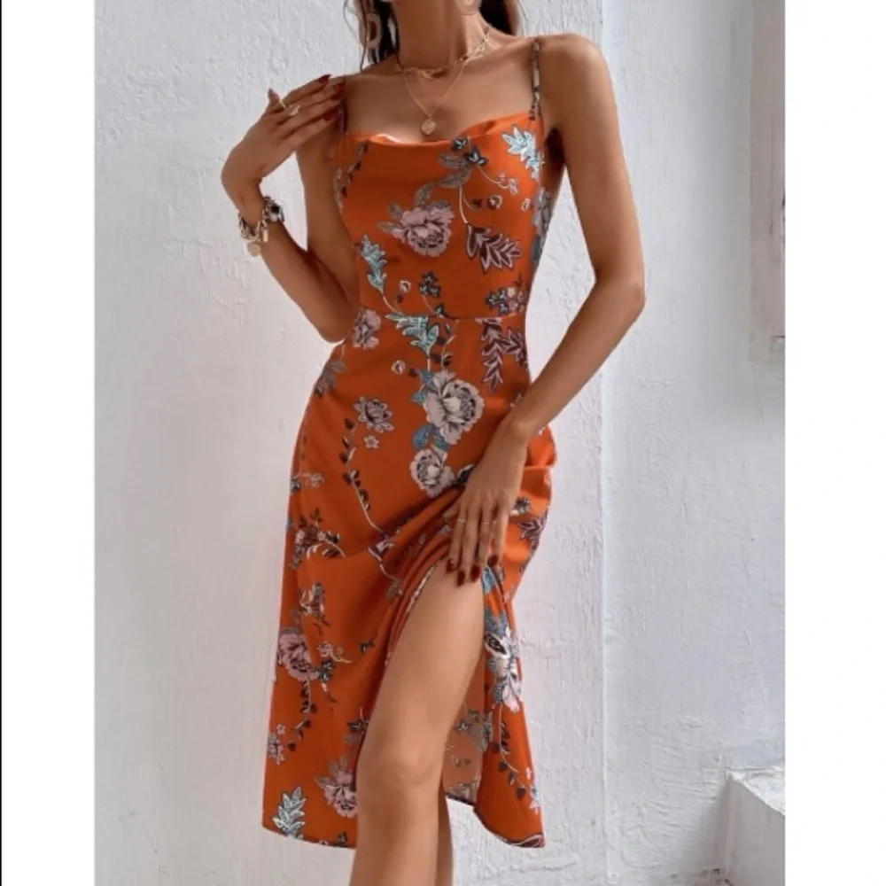 Boho burnt orange floral print split thigh cami dress